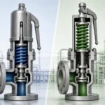 Conceptual comparison of closed-bonnet and open-bonnet safety-valve spring-chamber arrangements.