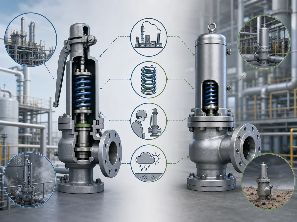 Engineering comparison of service exposure, spring protection and access considerations for open- and closed-bonnet safety valves.