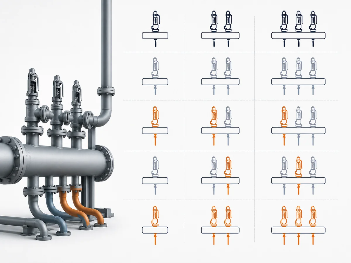 Válvulas de seguridad con cabezal de descarga común: contrapresión y verificaciones de alivio simultáneo - IMG-02 Matriz cualitativa de escenarios de alivio simultáneo que muestra diferentes combinaciones de contribuyentes creíbles a un cabezal compartido.