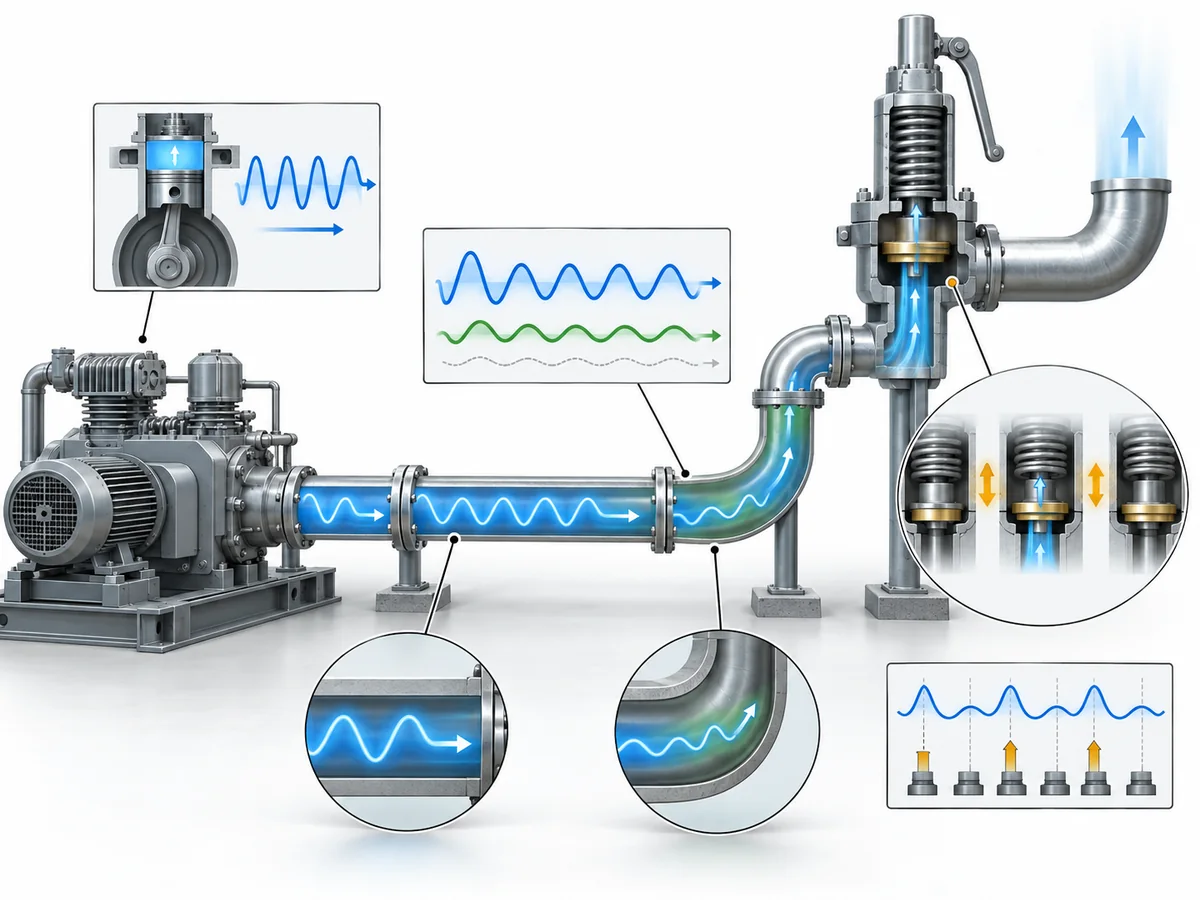 Seleção de válvula de segurança para compressor: pulsação, temperatura e contrapressão - IMG-01 Pulsação de pressão do compressor e resposta do sistema de entrada da PRV.