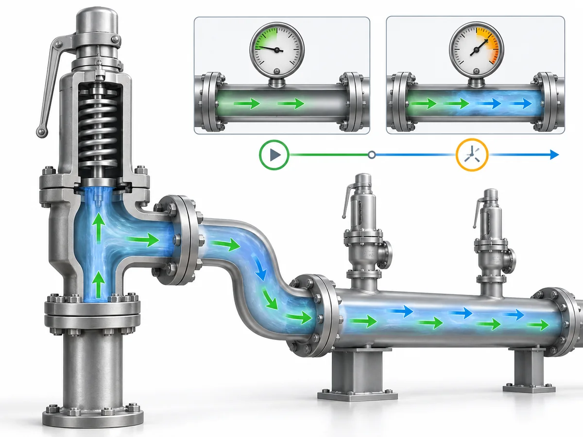 Seleção de válvula de segurança para compressor: pulsação, temperatura e contrapressão - IMG-02 Contrapressão superimposta e contrapressão acumulada em uma válvula de alívio de pressão de compressor.