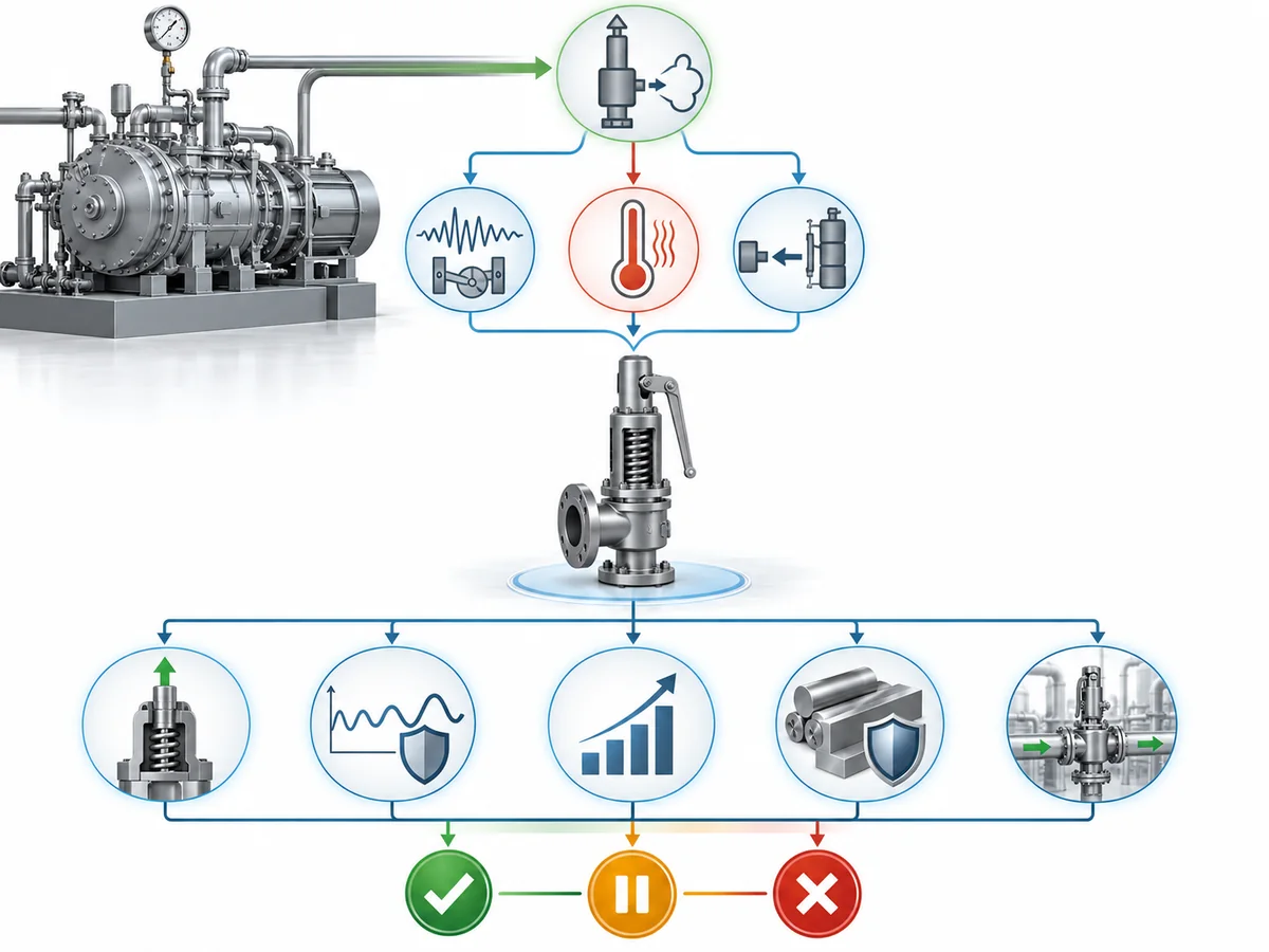 Seleção de válvula de segurança para compressor: pulsação, temperatura e contrapressão - IMG-03 Estrutura integrada de triagem de candidatos a válvula de segurança de compressor para pulsação, temperatura e contrapressão.