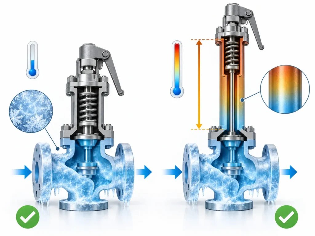 Conceptual comparison of standard and extended safety valve bonnet arrangements showing greater separation between the cold valve body and upper operating components.