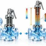 Conceptual comparison of standard and extended safety valve bonnet arrangements showing greater separation between the cold valve body and upper operating components.