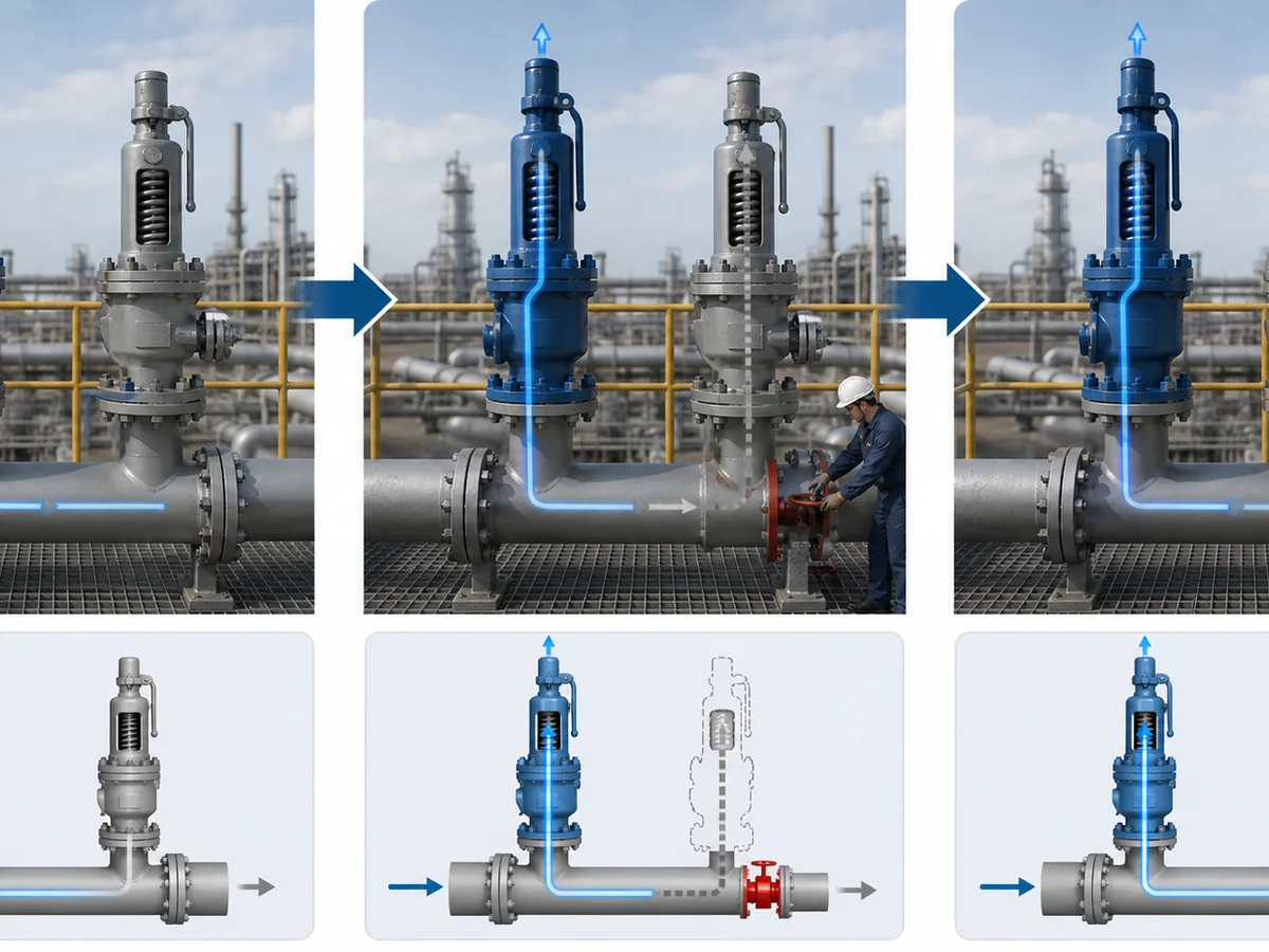 Conceptual maintenance sequence for preserving an available relief path in a dual or changeover safety-valve system.