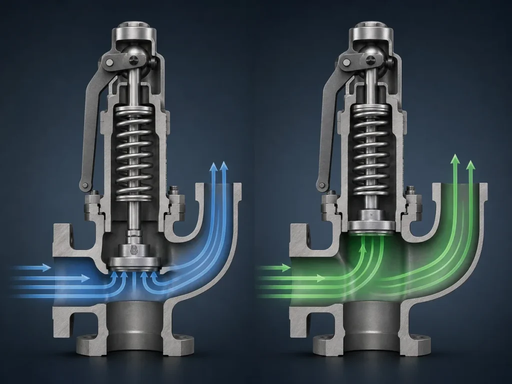Conceptual comparison of low-lift curtain-area control and full-lift internal-flow-area control in safety valves.