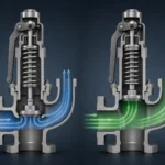 Conceptual comparison of low-lift curtain-area control and full-lift internal-flow-area control in safety valves.