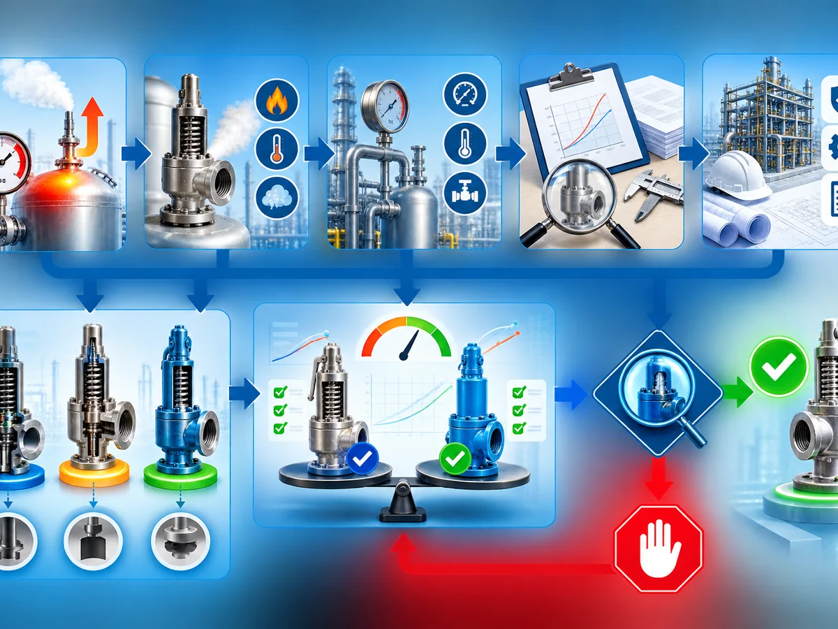 Decision flow for reviewing relief duty and verified capacity evidence before comparing full-lift and low-lift safety valves.