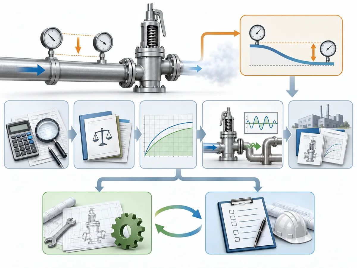 Safety Valve Inlet Pressure Loss: Why 3% Rules Are Not Universal - IMG-02 Engineering review path for a safety valve installation with inlet pressure loss above the familiar screening criterion.