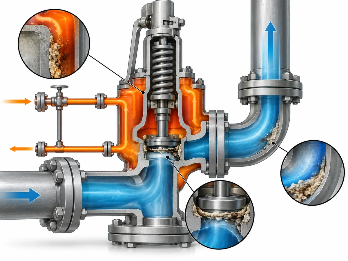 Common Plugging Problems in Jacketed Safety Valves - Engineering Diagram 1 Jacketed safety valve plugging zones around the heated body, inlet, seat and discharge where deposits may still develop.