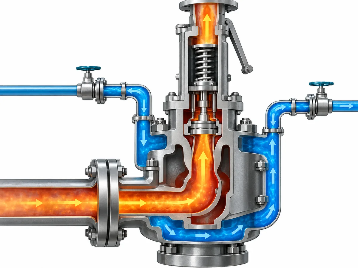 How Heating Medium Conditions Affect Jacketed Safety Valves - Engineering Diagram 1 Heating medium conditions for a jacketed safety valve shown in a utility circuit separate from the protected process relief path.