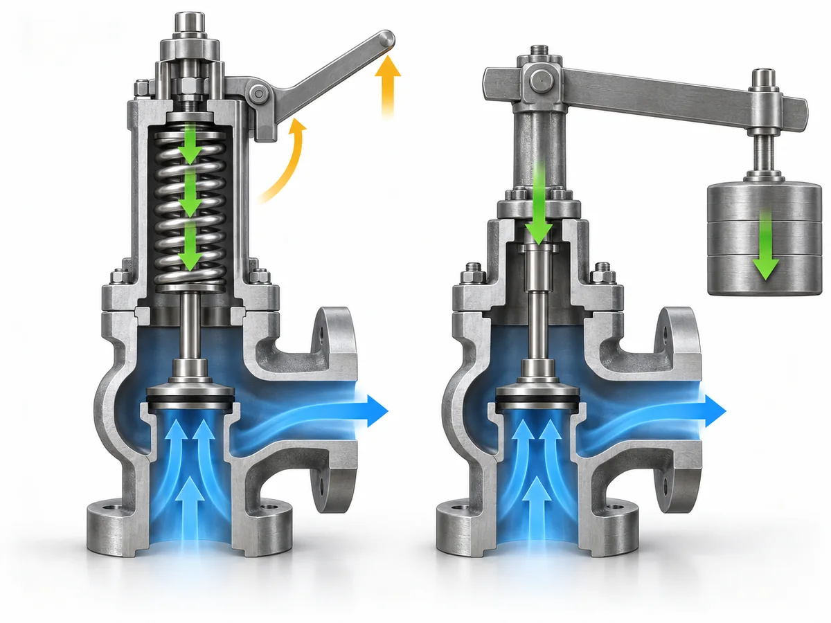 Lever Safety Valve vs Lever-Loaded Safety Valve: Meaning, Mechanism and Replacement Risk - IMG-01 Diagram comparing a spring-loaded safety valve with a separate lifting lever and a lever-and-weight safety valve where the lever participates in the closing load.