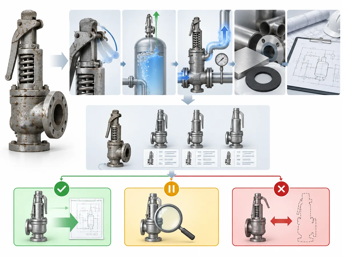 Lever Safety Valve vs Lever-Loaded Safety Valve: Meaning, Mechanism and Replacement Risk - IMG-02 Safety valve replacement verification flow from existing-valve identification through duty, interface and project checks to engineering review, hold or known-mismatch rejection.