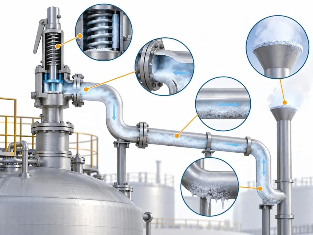 Diagram showing separate icing-risk locations along an LNG safety valve and its discharge path.