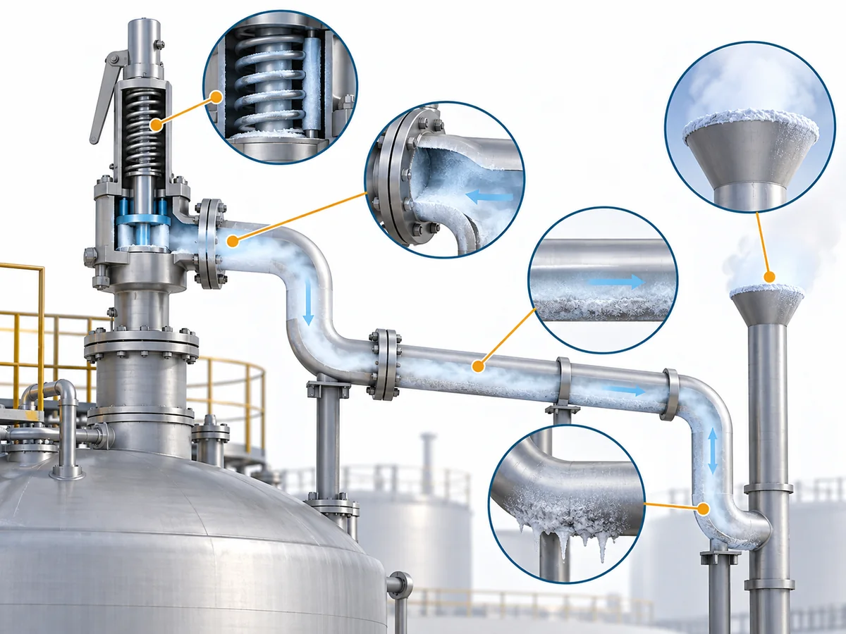 LNG Safety Valve Discharge and Ice-Formation Risks - IMG-01 Diagram showing separate icing-risk locations along an LNG safety valve and its discharge path.