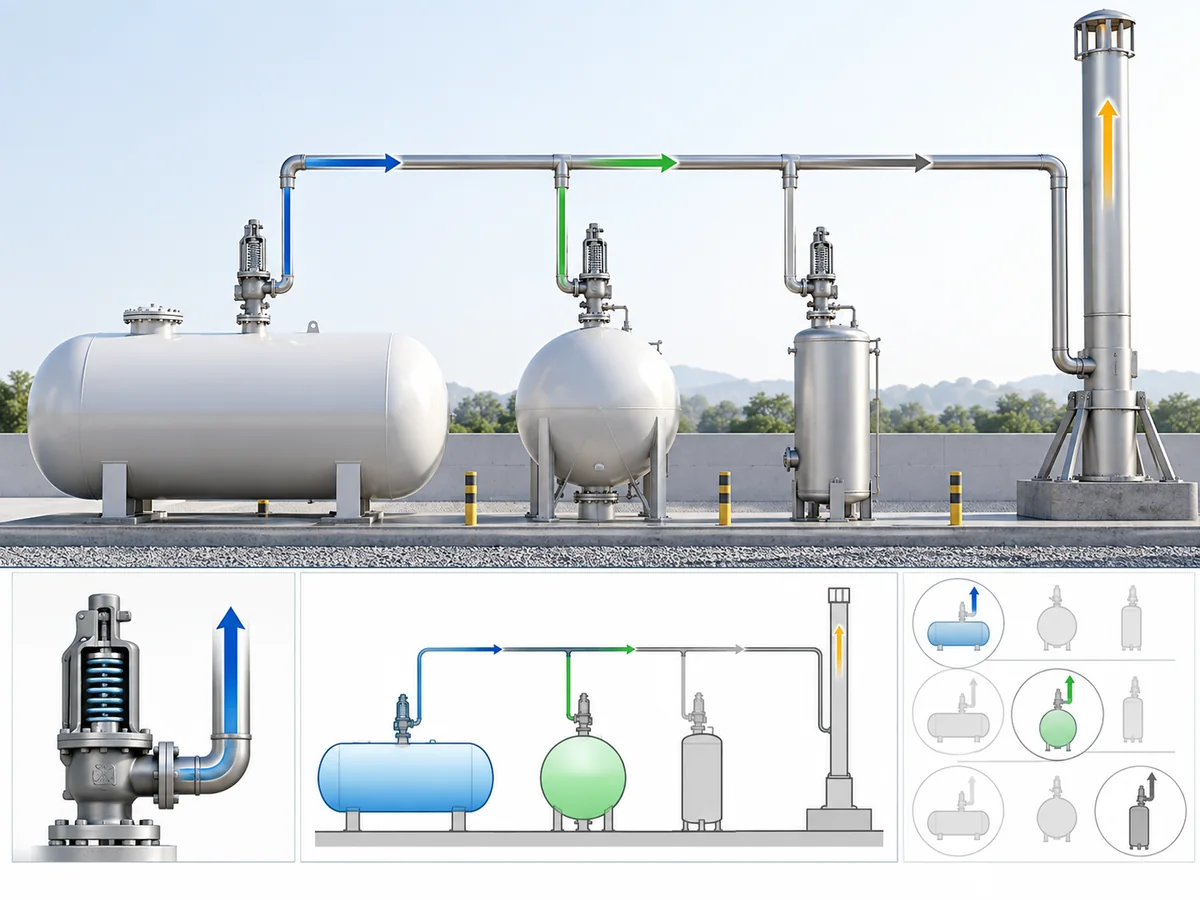 LPG Safety Valve Discharge Piping: Flare, Vent and Back Pressure - IMG-02 LPG safety valves connected through individual discharge lines to a common relief header and disposal system.