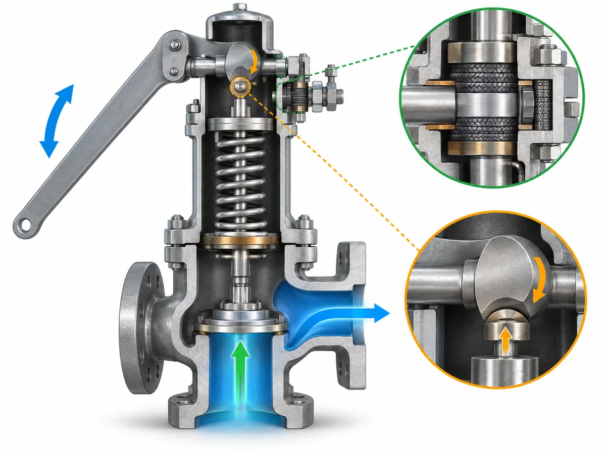 Packed Lever Safety Valve: When Is It Required and What Does It Contain? - IMG-02 Functional diagram of a packed safety-valve lifting lever showing the lever shaft, packing, cap, and stem interface.