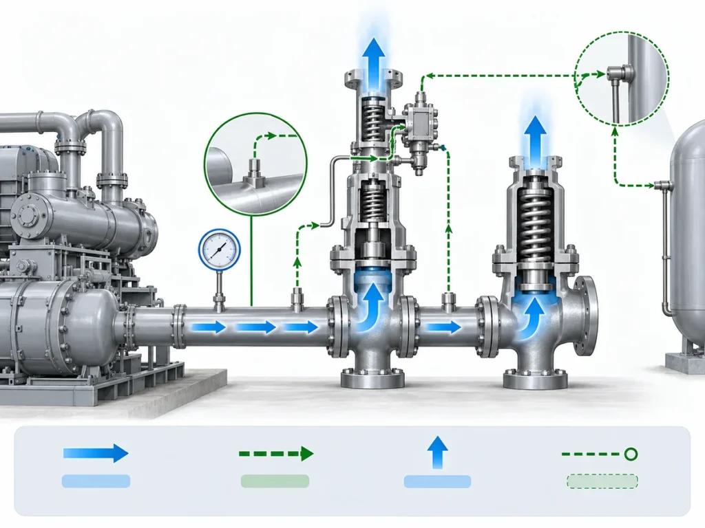 Local and remote pressure sensing paths for a pilot-operated pressure relief valve.