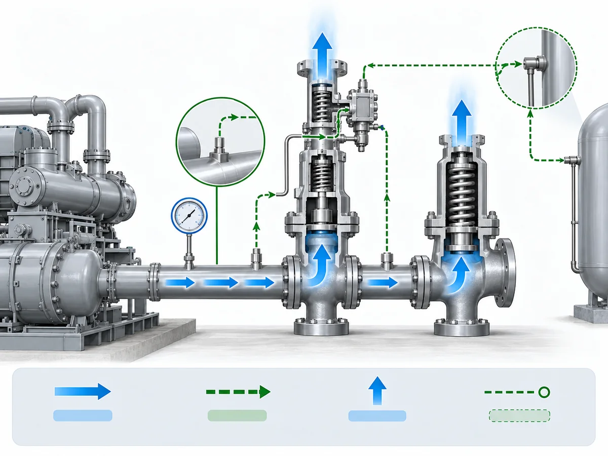 Pilot Operated Safety Valve for Compressor Systems: Pulsation, Sensing and Blowdown - IMG-01 Local and remote pressure sensing paths for a pilot-operated pressure relief valve.