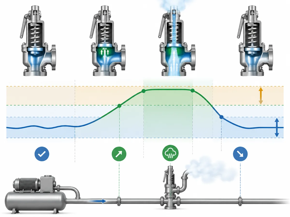 Pilot Operated Safety Valve for Compressor Systems: Pulsation, Sensing and Blowdown - IMG-02 Conceptual set pressure, relief and reseating sequence for reviewing POSRV blowdown.