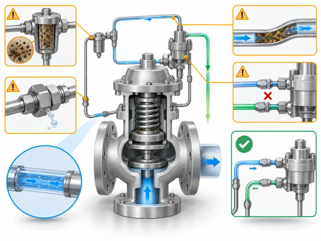 Conceptual pilot-operated safety valve control path showing filter contamination, tubing restriction, leakage and incorrect reconnection risks.