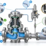 Conceptual LNG pilot-operated safety valve verification map showing main valve, pilot, sensing path, tubing and sealing components.