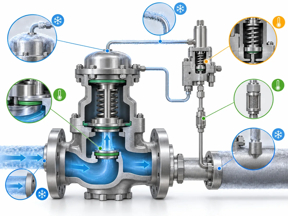 Pilot Operated Safety Valve for LNG Service: Low Temperature and Pilot Circuit Risks - IMG-01 Conceptual LNG pilot-operated safety valve verification map showing main valve, pilot, sensing path, tubing and sealing components.