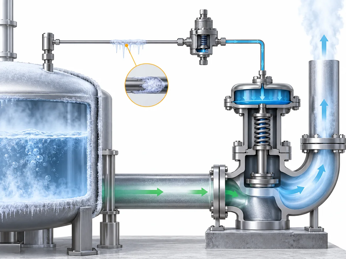 Pilot Operated Safety Valve for LNG Service: Low Temperature and Pilot Circuit Risks - IMG-02 Pressure-signal path from protected LNG equipment through the sensing line and pilot to the main valve, highlighting a possible sensing-path restriction.