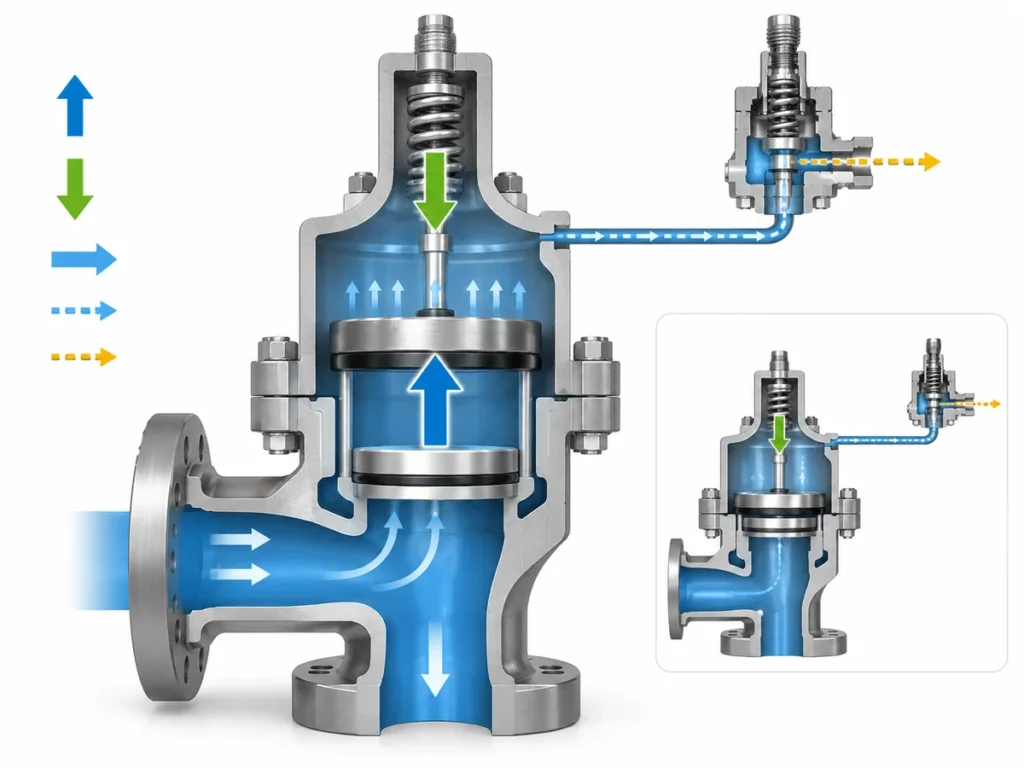 Simplified force-balance diagram of a piston-type pilot-operated safety valve showing inlet pressure, dome pressure and net closing force on the main valve.