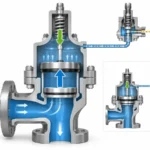 Simplified force-balance diagram of a piston-type pilot-operated safety valve showing inlet pressure, dome pressure and net closing force on the main valve.
