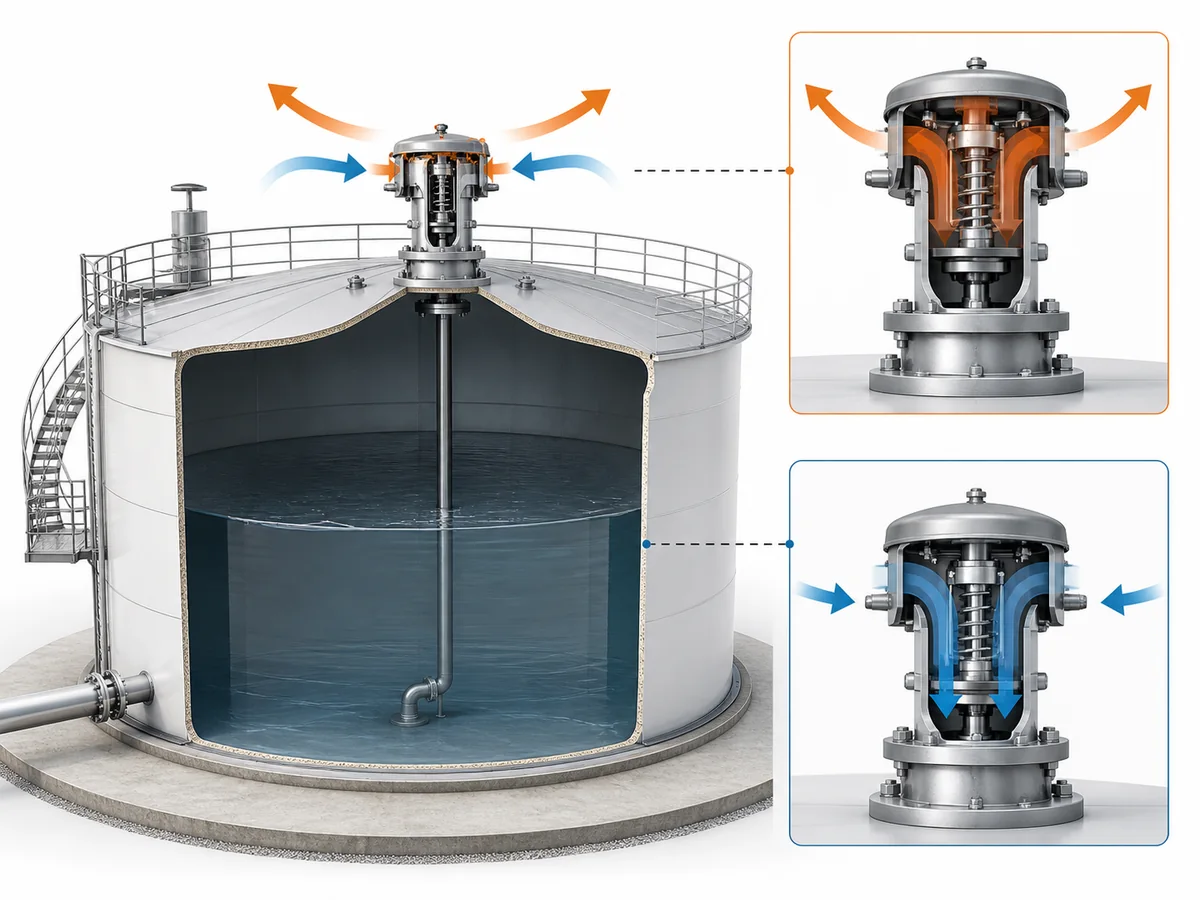 Válvula de alívio de pressão e vácuo vs Válvula de segurança: Funções e bases de dimensionamento diferentes - IMG-02 Tanque mostrando fluxo externo no lado de pressão e fluxo interno no lado de vácuo para funções de ventilação separadas.
