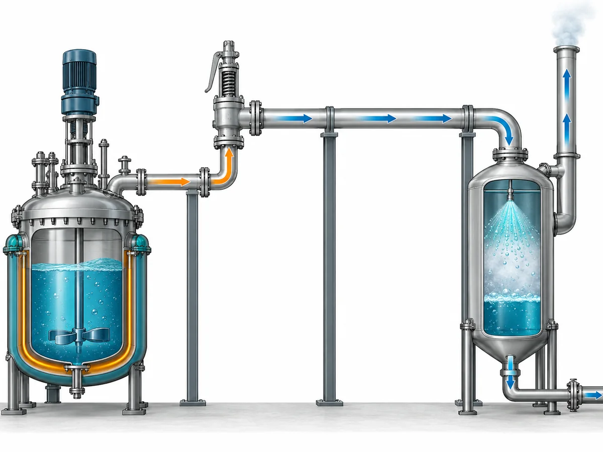 Reactor Safety Valve Selection for Runaway Reaction Scenarios - Engineering Diagram 3 Conceptual reactor relief system showing inlet piping, safety valve, outlet back-pressure sources and downstream effluent handling.