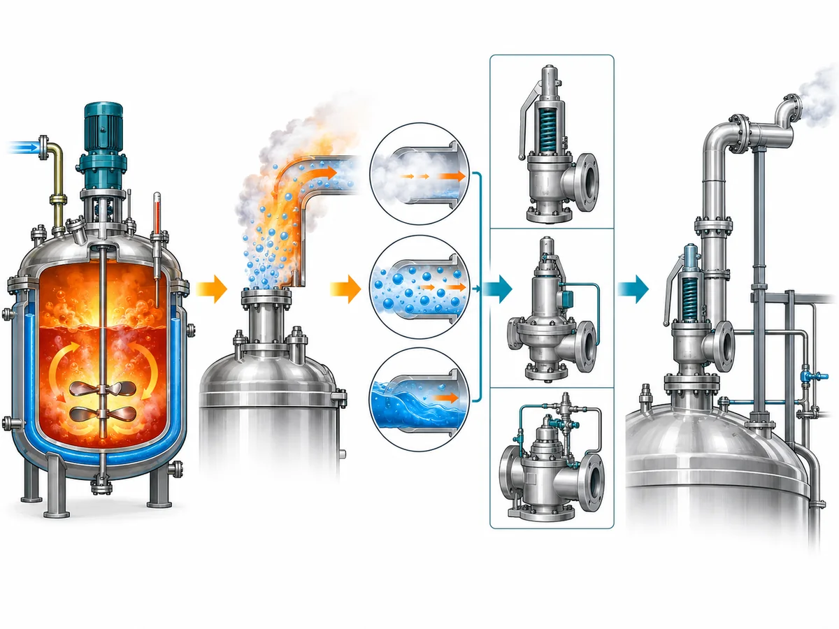 Reactor Safety Valve Selection for Runaway Reaction Scenarios - Engineering Diagram 1 Reactor safety valve selection workflow from a credible runaway scenario through relief demand, sizing, arrangement screening and verification.