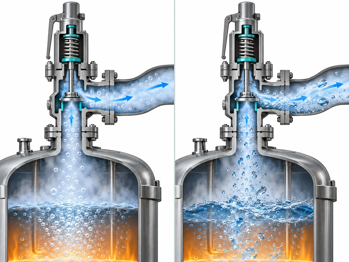 Reactor Safety Valve Selection for Runaway Reaction Scenarios - Engineering Diagram 2 Conceptual comparison of predominantly vapor reactor relief with vapor-liquid two-phase relief during a runaway reaction.