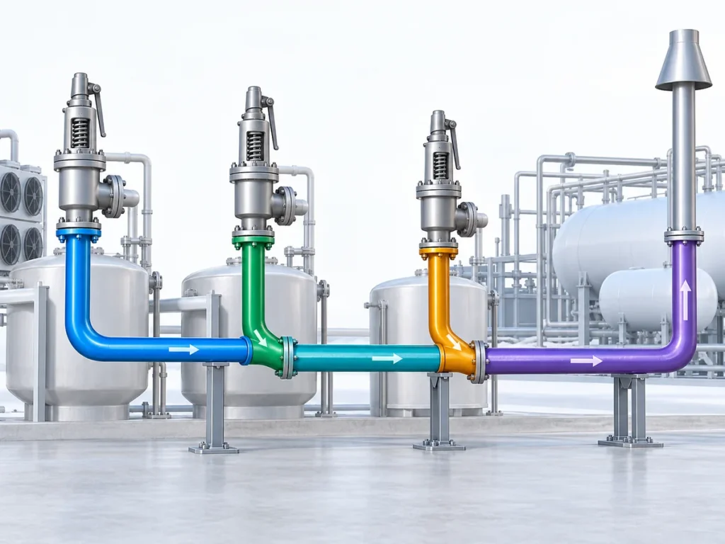 Conceptual refrigeration relief header showing individual valve branches joining common header segments before the final discharge point.
