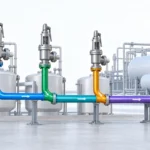 Conceptual refrigeration relief header showing individual valve branches joining common header segments before the final discharge point.