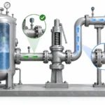 Diagrama mostrando uma válvula de segurança entre o equipamento protegido e um sistema de descarga, com as condições de entrada e a contrapressão a jusante tratadas como verificações separadas de reposição.