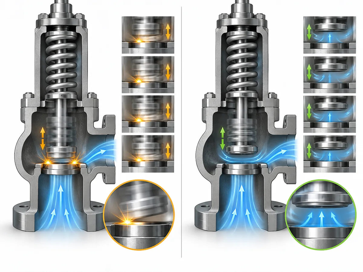 Chatter vs Flutter vs Simmer em Válvulas de Segurança: Como Diferenciar - IMG-01 Diagrama comparando chatter de válvula de segurança com contato repetido na sede e flutter sem contato repetido na sede.