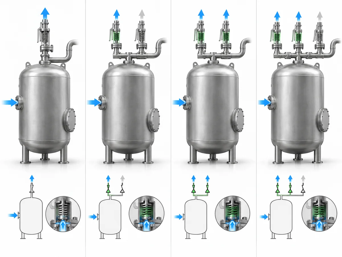 Conceptual comparison of single PSV, duty-standby, multiple-active and staged pressure-relief arrangements.