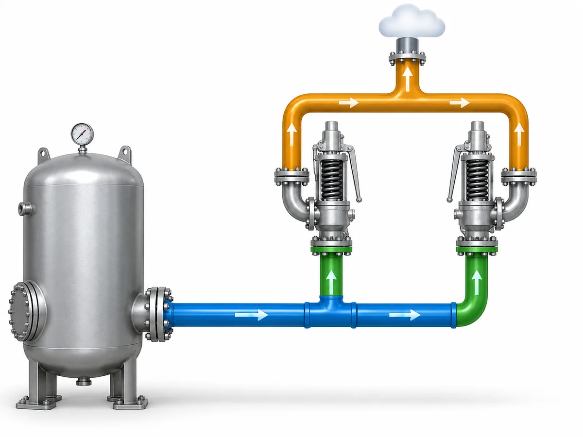 Two PSVs sharing an inlet manifold and common discharge header, highlighting shared hydraulic dependencies.