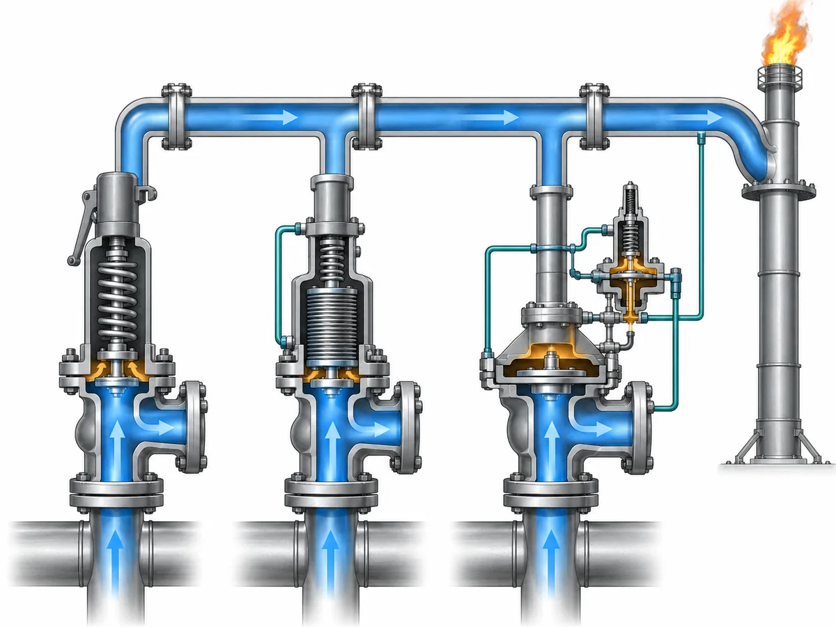 Conceptual comparison of conventional, balanced-bellows and pilot-operated safety valve relationships with back pressure and sour-gas discharge handling.