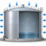 Diagram showing external atmospheric pressure acting against lower internal tank pressure and creating an inward pressure differential.