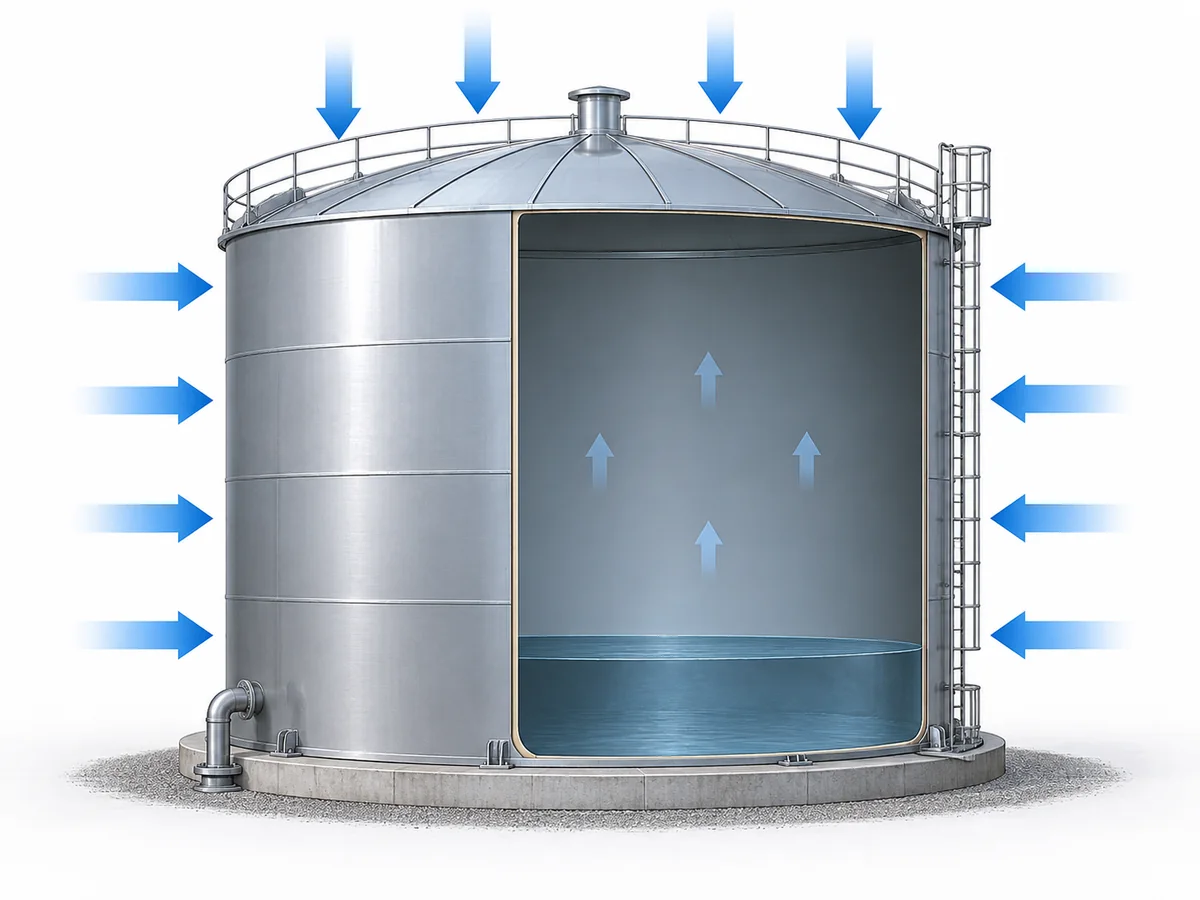 Diagram showing external atmospheric pressure acting against lower internal tank pressure and creating an inward pressure differential.