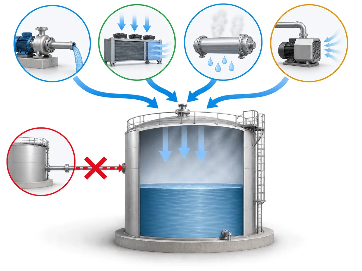 Diagram comparing pump-out, cooling, condensation and applied vacuum as causes of storage-tank inbreathing demand.