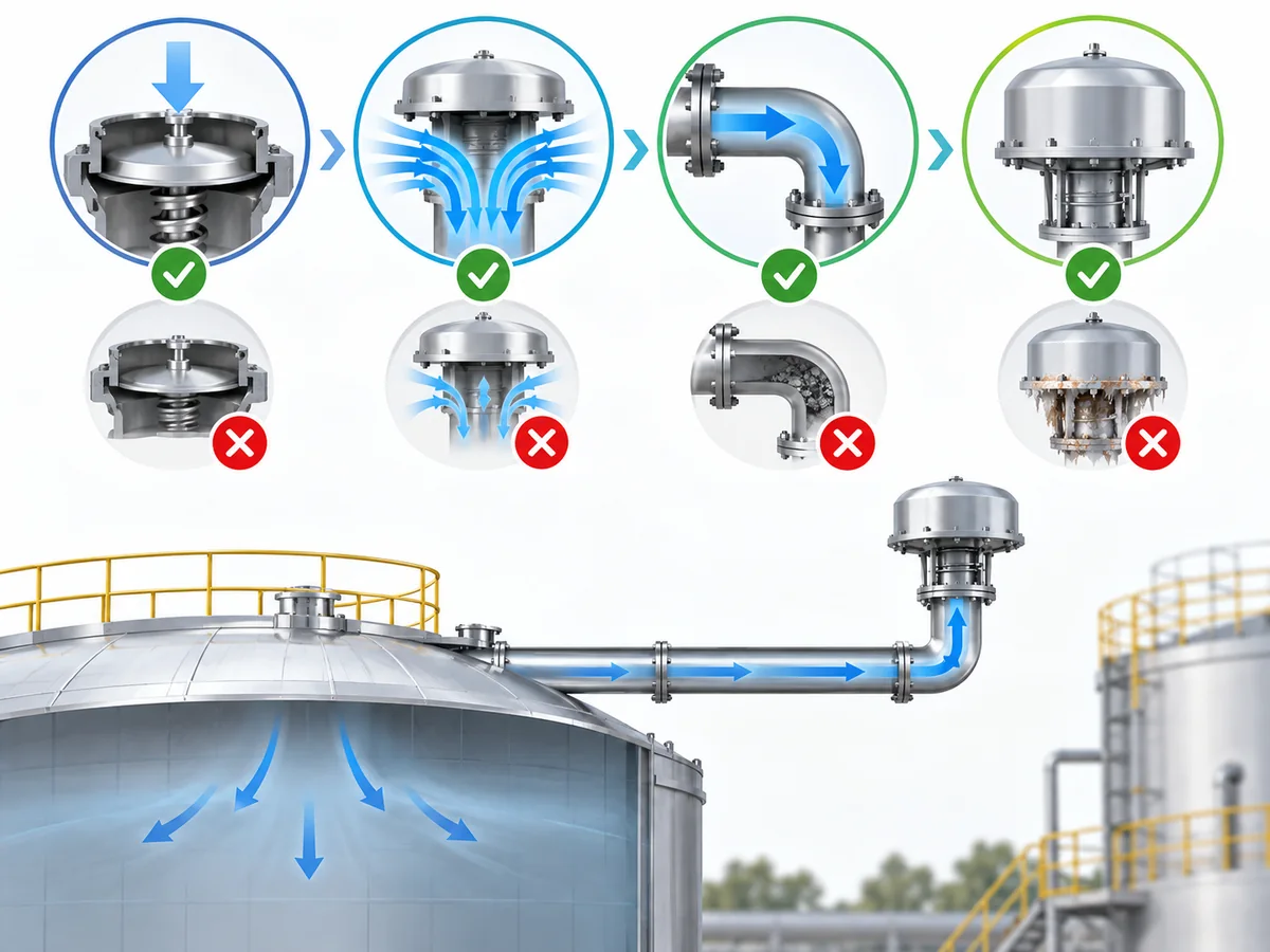 Diagram showing opening condition, flow capacity, installed flow path and availability as separate layers of storage-tank vacuum protection.