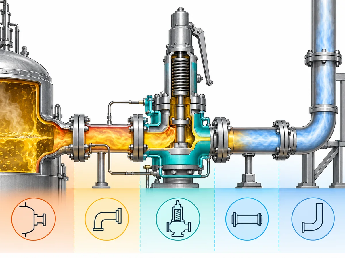 Jacketed Safety Valves for Sulfur Service - Engineering Diagram 2 Conceptual sulfur relief path divided into nozzle, inlet branch, jacketed valve, outlet and discharge thermal-control zones.