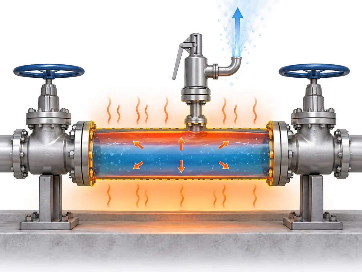 Thermal Expansion Relief Valve for Blocked-In Liquid Lines - IMG-01 Schema di una sezione di tubazione riempita di liquido, intrappolata tra punti di isolamento ed esposta a un possibile aumento di temperatura.