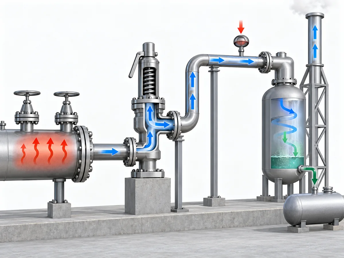 Thermal Expansion Relief Valve for Blocked-In Liquid Lines - IMG-04 Diagram showing the complete thermal relief path from the protected liquid section through the relief valve to the downstream destination and back-pressure source.