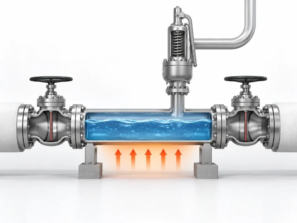 Simplified LNG or LPG piping schematic showing an isolated trapped-fluid section and its pressure-relief connection.