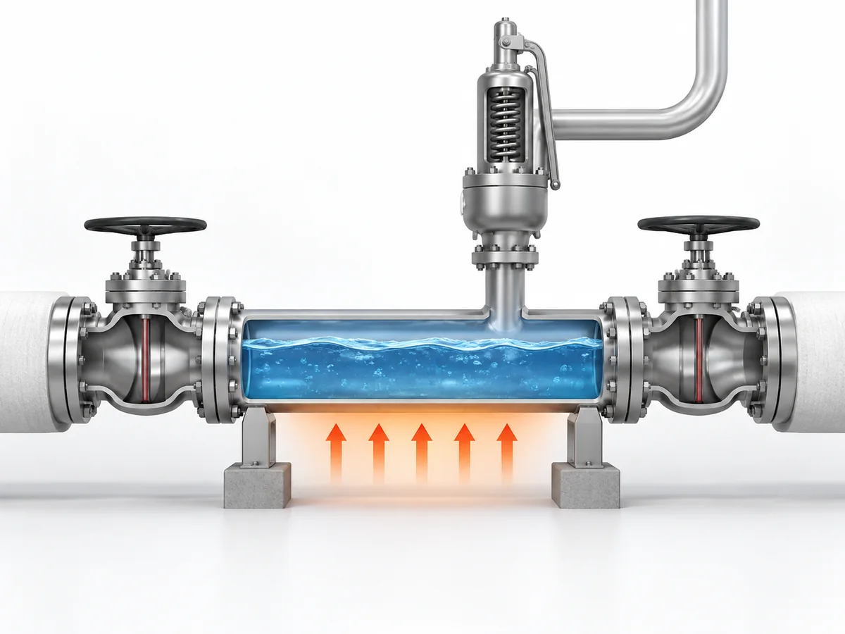 Simplified LNG or LPG piping schematic showing an isolated trapped-fluid section and its pressure-relief connection.